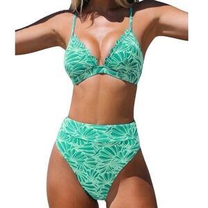 Cupshe Womens Teal Green Floral Textured Scalloped‎ Bikini Set Small